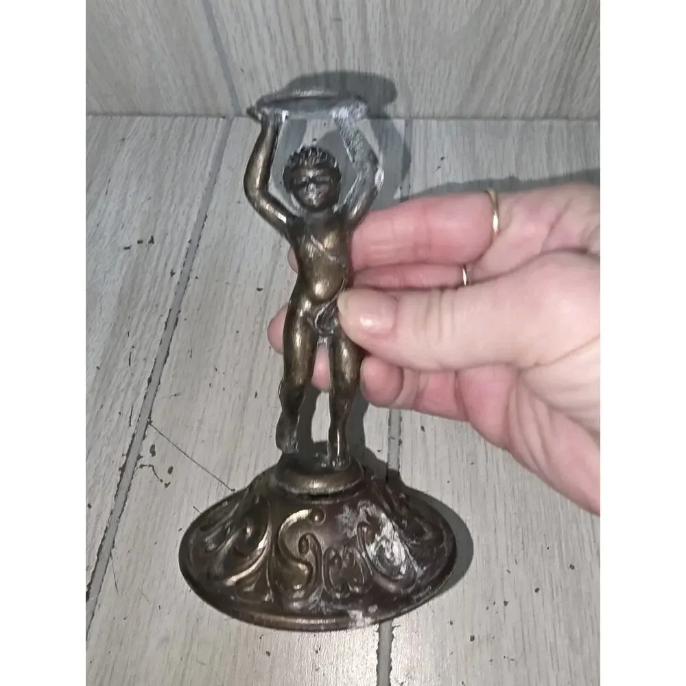 Antique Solid Cast Brass Cherub Boy Child Candlestick Holder Patina 5
